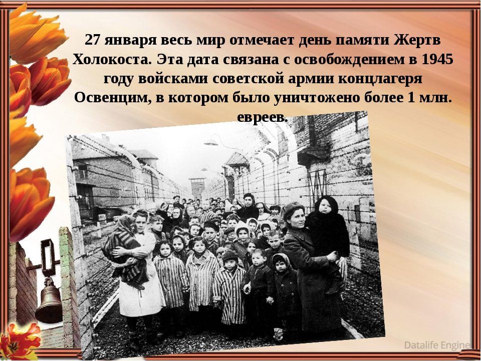 27 января День освобождения Красной армией крупнейшего «лагеря смерти» Аушвиц-Биркенау (Освенцима) – День памяти жертв Холокоста.